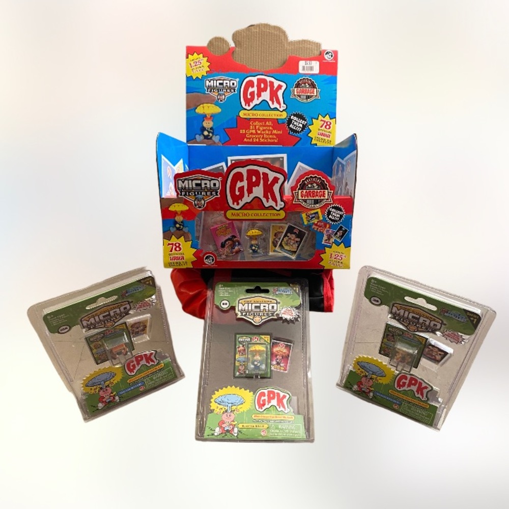NOS garbage pail kids display box and series 1 micro figures 4 pack bundle